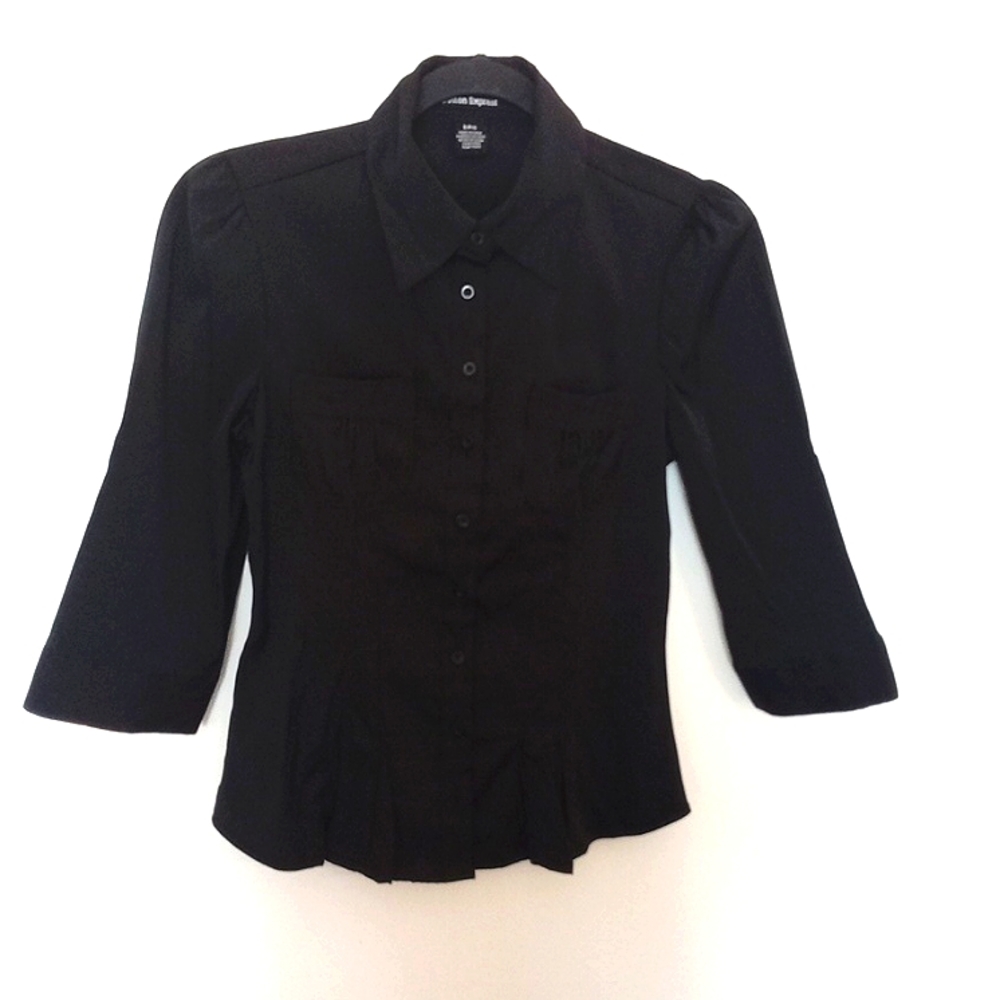 Cotton Express Women's Black Tailored Button Up Blouse with 3/4 Sleeves Small